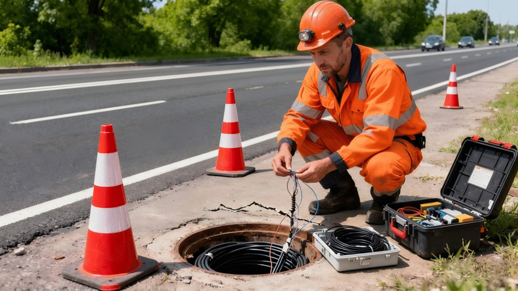 fiber optic technician working on network installation